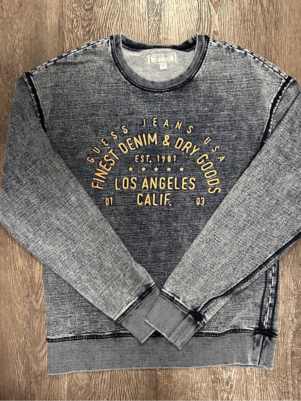 Guess Men's Washed Grey Crewneck Sweatshirt with Yellow Logo